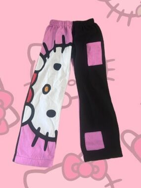 Hello Kitty handmade fleece Patchwork Black Pink Women's Sweat Pants Joggers